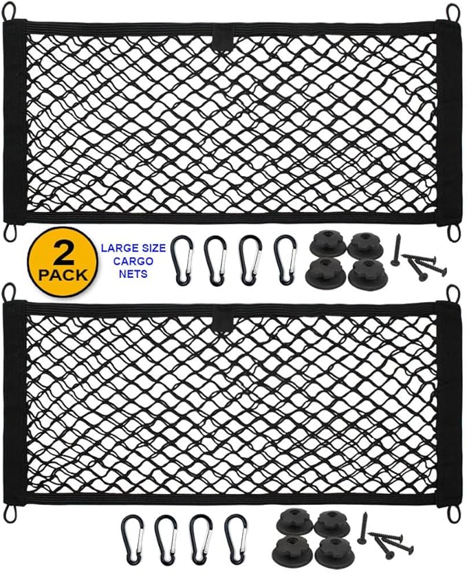 [2 Pack] JAVOedge Large Cargo Net for Car, SUV, Truck, RV, Boat – Elastic Storage Mesh Organizer with Built‑in Hooks, 8 Screws & 8 Carabiners – Heavy‑Duty Trunk Cargo Net & Vehicle Storage Bag