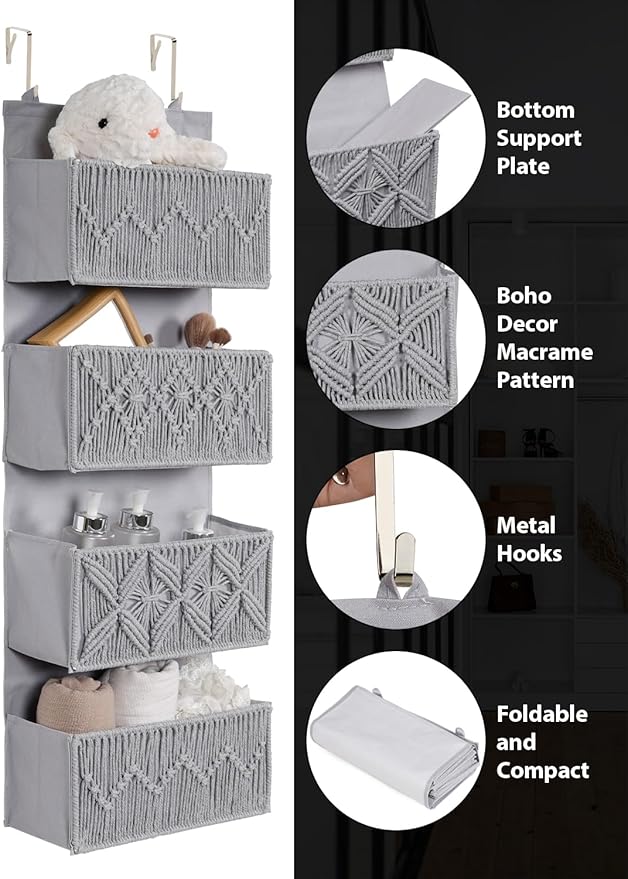 Macrame Over the Door Organizer Boho Decor Nursery Storage, Leaf Weaving Closet Storage, 4 Hanging Pockets, Behind Door for B