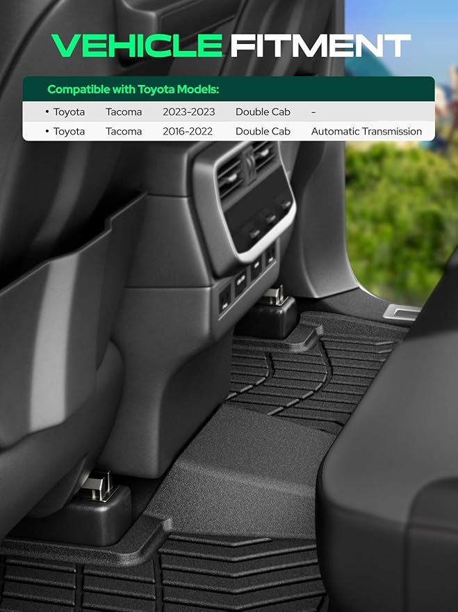 YHTAUTO Floor Mats Fit 2016-2023 Toyota Tacoma (Double Only for Automatic), TPE Floor Liners All-Weather Protection Custom Fit, 1st & 2nd Row, Set of 3 Black
