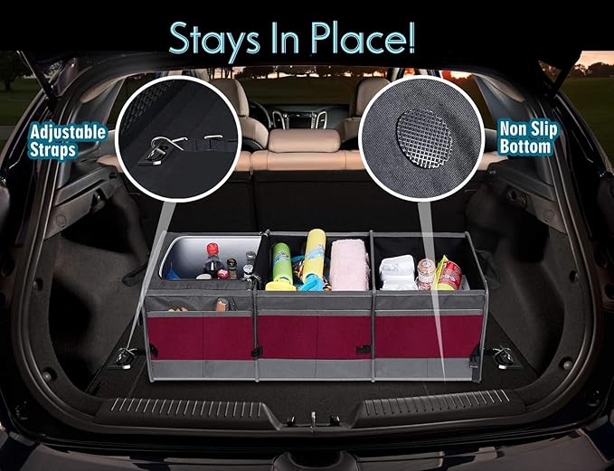 Trunk Organizer with Cooler, Collapsible Trunk Storage Container with Non Slip Bottom Strips, Large Multi-Compartment Waterproo