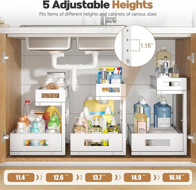 2 Pack 17IN Depth Under Sink Storage Organizer, Large 2-Tier Elegant Mesh Pull Out Shelf for Kitchen and Bathroom Cabinet Org