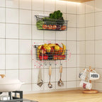 2 Pack Wall Hanging Baskets for Organizing, Large Metal Wire Basket with 5 Hooks+2 Strong Long Adhesive Hooks,Kitchen Hanging