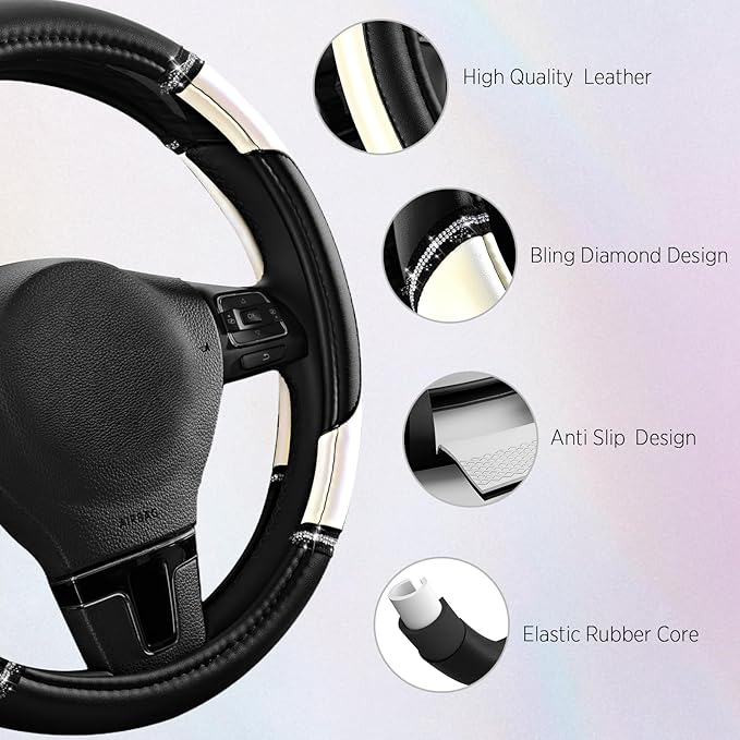 Road Comforts Leather Steering Wheel Cover - Made with PVC Leather - Anti-Slip, Universal Fit 14 1/2 inches to 15 inches - Wh