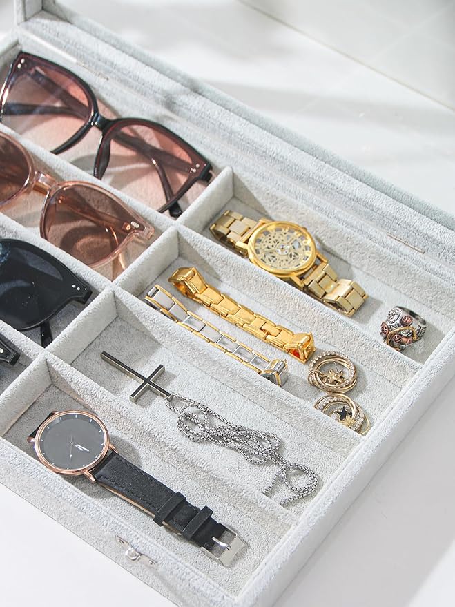 Coward Sunglass Organizer Tray Box, Grey Beige Velvet Eyeglasses Display Tray Case with Transparent Glass Lid for Home Use or