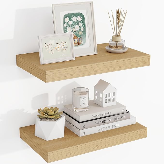 16 Inch Floating Shelves, 3D Textured Wood Grain, 16"x9.25"x1.5" Inch Deep Floating Shelves for Wall, Wooden Shelves for Bath
