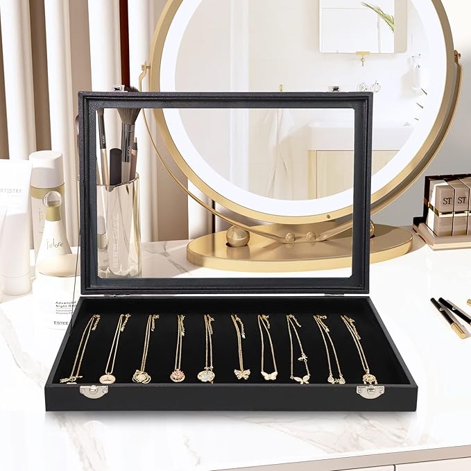 Wudygirl Necklace Organizer 20 Hooks Jewelry Organizer Jewelry Display Stackable Glass Top Lockable Black Velvet Boxes(Neckla