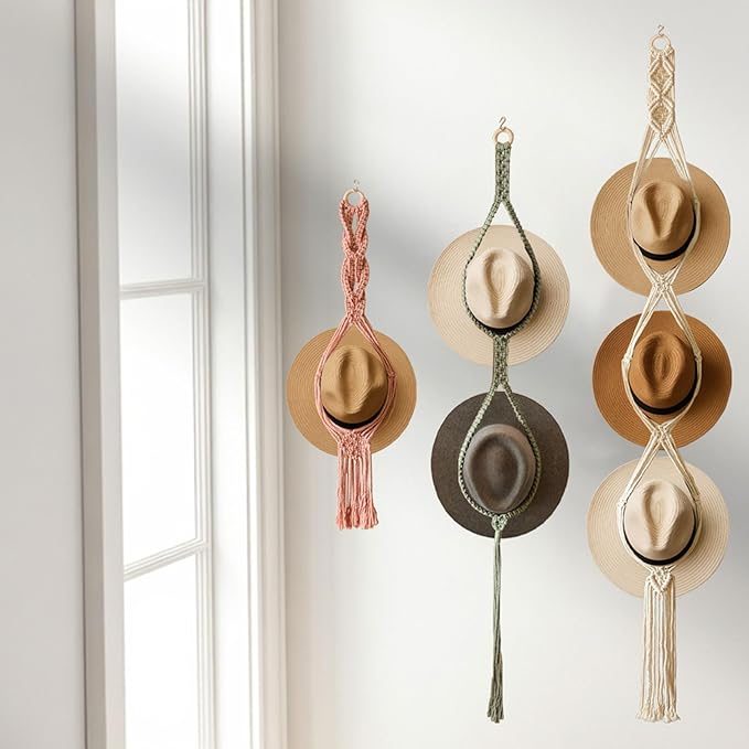 Boho Hat Organizer Rack, Macrame Hat Hanger, Handmade Hat Holder for Wall Hanging, Hat Storage for Wide-Brim Hats, Bohemian H