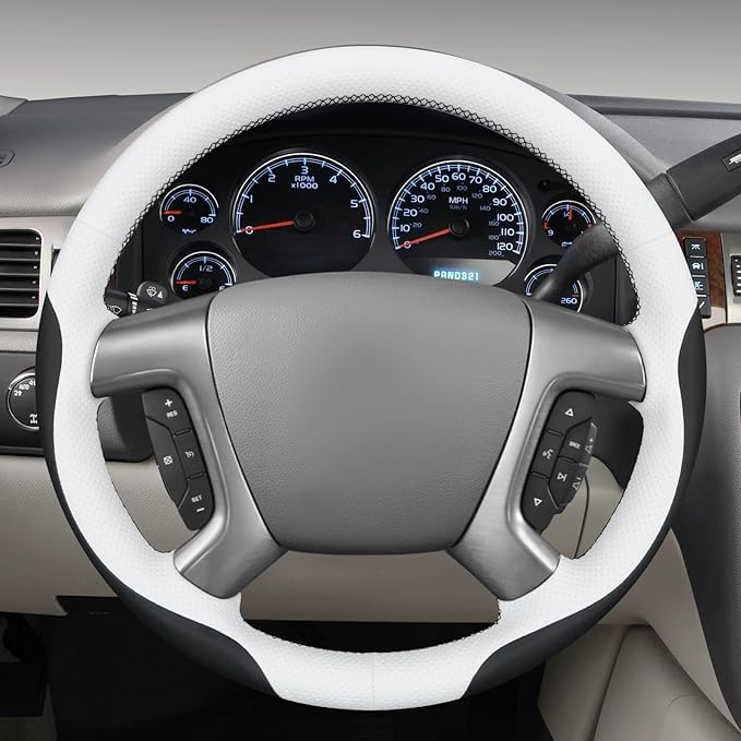 MEWANT Hand Stitch Steering Wheel Wrap Black White Faux Leather Interior Restore Kit for 2007-2013 Chevy Silverado 1500 2007-2014 Silverado 2500 3500 Tahoe Suburban Avalanche 2009-2017 Traverse