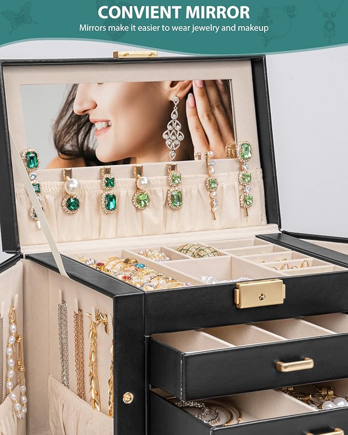 AKOZLIN Large 4-Tier Jewelry Box Leather Jewelry Storage Organizer with 3 Drawers Lockable for Women Girls Ring Necklace Earr