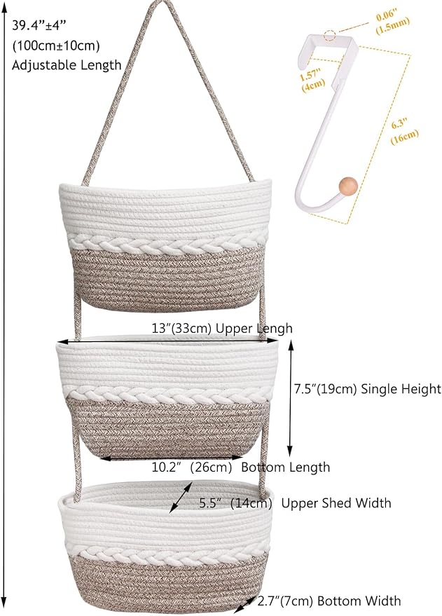 Over the Door Hanging Basket for Organizing 3 Tiers Woven Cotton Rope Wall Mount Storage basket Decorative Kitchen Hanging Or