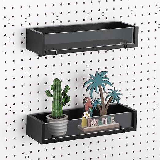Marsui 2 Pcs Pegboard Shelf Wood with Acrylic 12.2 x 3.94 Inch Display Shelves Brackets with Metal Hooks Heavy Duty Pegboard 