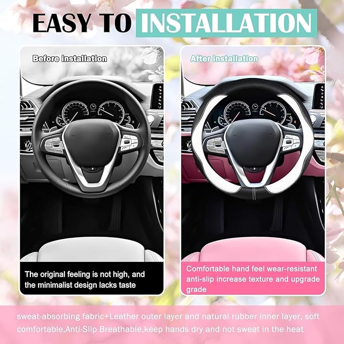 SuperKaKa Car Steering Wheel Cover 2024, Universal Auto PU Cute Breathable Slip-Proof Comfort Imitation Leather Protector Car