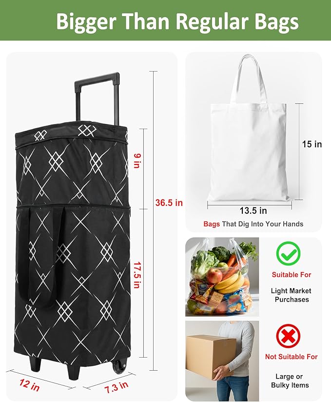 Foldable Rolling Bag, Portable Small Shopping Cart with Wheels, Collapsible Shopping Tote with Stylish Pattern for Market & Grocery Runs–Gift for Women & Seniors, Pro L, Black