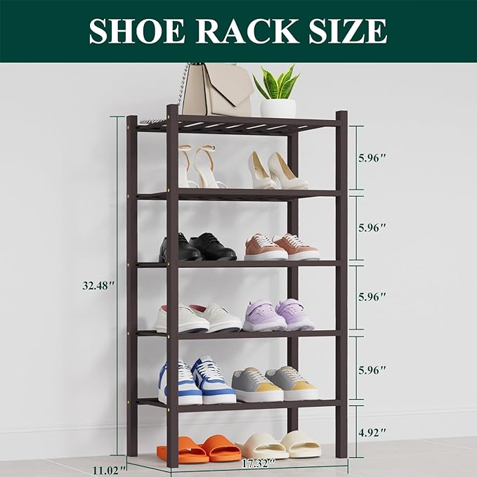 Smiry Shoe Rack, 5 Tier Thick Small Bamboo Shoe Organizer, Stackable Free Standing Wooden Shoe Storage Shelf for Closet, Entr