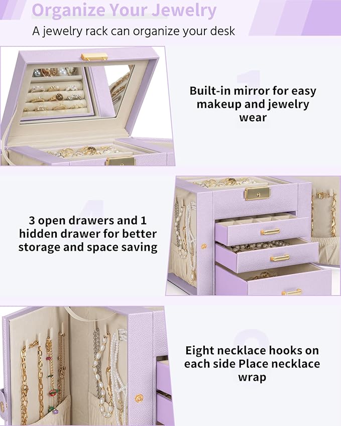 AKOZLIN 4-Tier Jewelry Box Leather Jewelry Storage Organizer with 3 Drawers Lockable for Women Girls Ring Necklace Earring Br