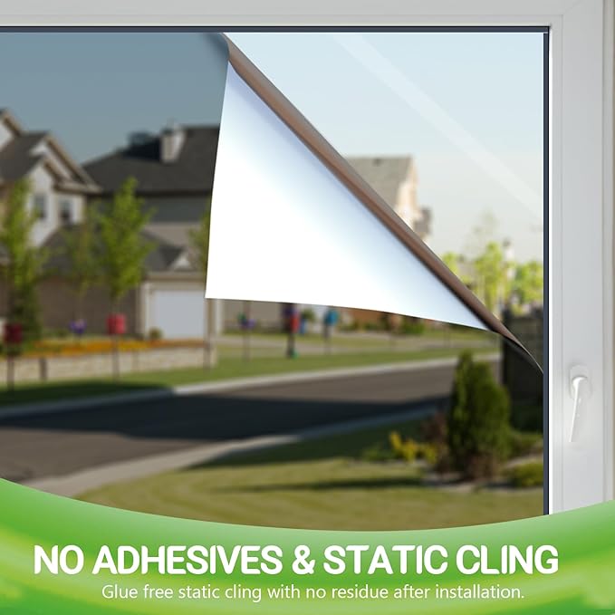 STATINT Window Film Privacy One Way Mirror Glass Tint Heat Control Sun UV Blocking Sliding Door Tinting Reflective Static Cling for Home, Black-Silver, 55.1 Inch X 32.8 Feet