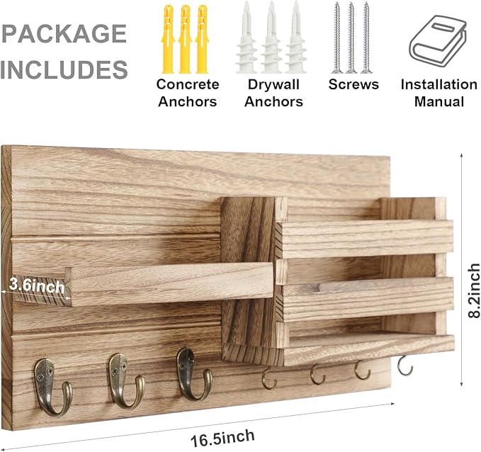 Lwenki Mail Organizer for Wall Mount – Key Holder with Shelf Includes Letter Holder and Hooks for Coats, Dog Leashes – Rustic