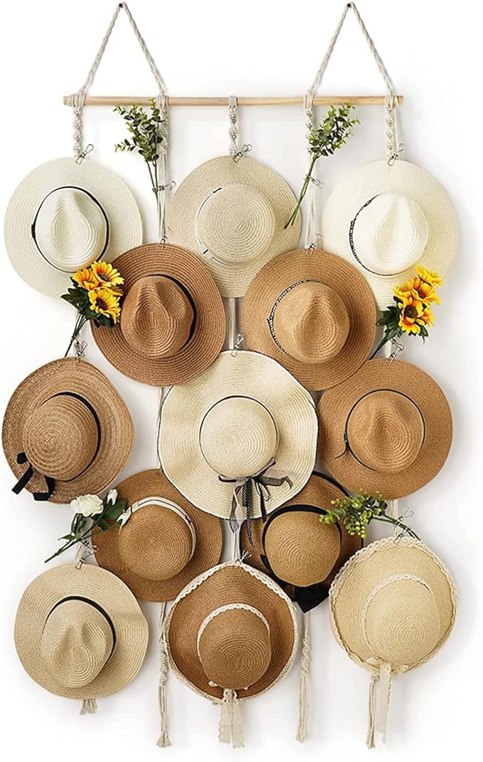 Macrame Hat Rack for Wall 31x66 in Hat Organizer with 15 Clips Hanging Hat Hanger Holder for Women Wide Brimmed Hat Storage f