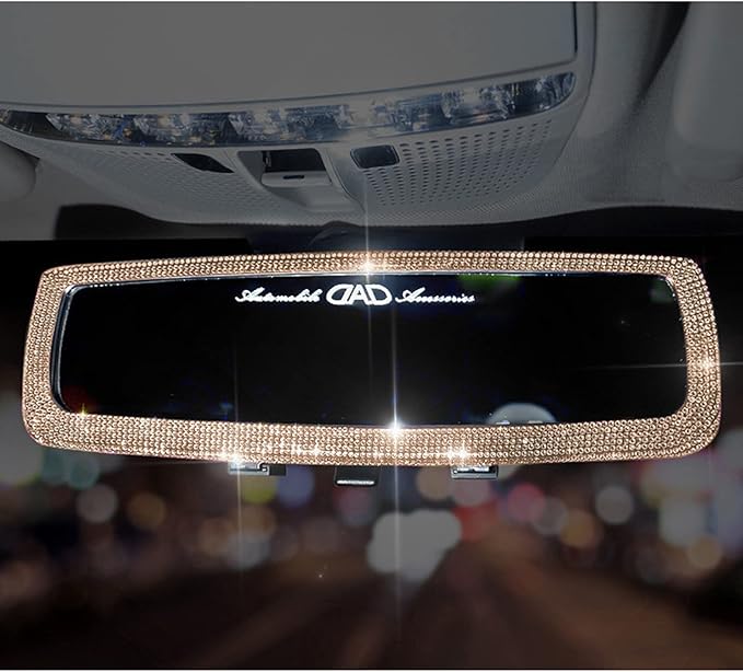 Bling Rhinestone Car Rear View Mirror with Crystal Diamonds Bling Car Accessories for Women (Champagne)