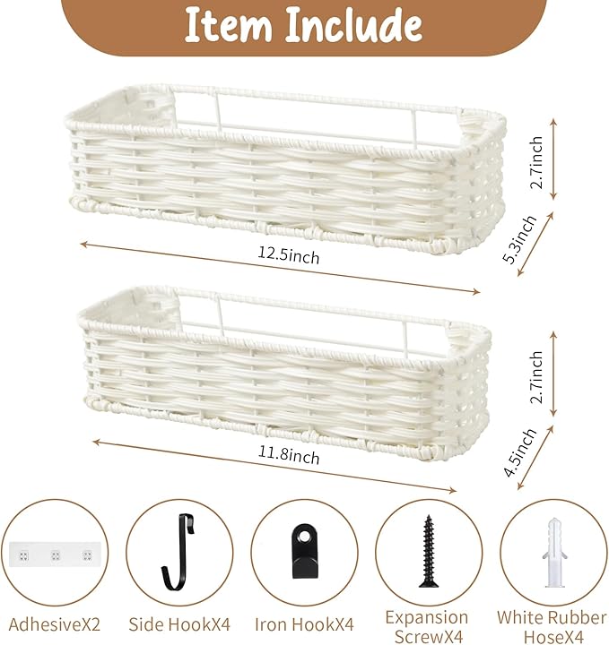 Hanging Wall Basket, Adhesive Wall-Mounted Organizer for Storage, Plastic Wicker Woven Storage Shelves for Kitchen, Bedroom, 