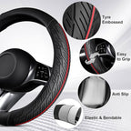 CAR PASS Leather Rubber Steering Wheel Cover Set,Tire Tread Pattern Design,Non-Slip Wear-Resistant,Equipped with Mobile Phone Holder and Non-Slip Cup Mat,Suitable for Steering Wheel 14.5-15”Black Red