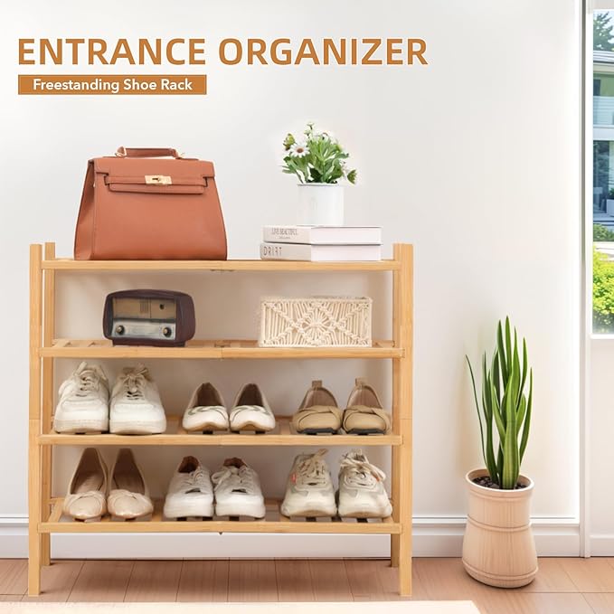 4 Tier Bamboo Shoe Rack Storage Organizer for Closet, Multifunctional Stackable Free Standing Shoe Shelf Organizer for Small 