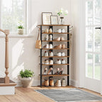 HOOBRO 8 Tiers Vertical Shoe Rack, Wooden Shoe Storage Organizer with Hooks, Narrow Shoe Tower for 16 Pairs, Space Saving, fo