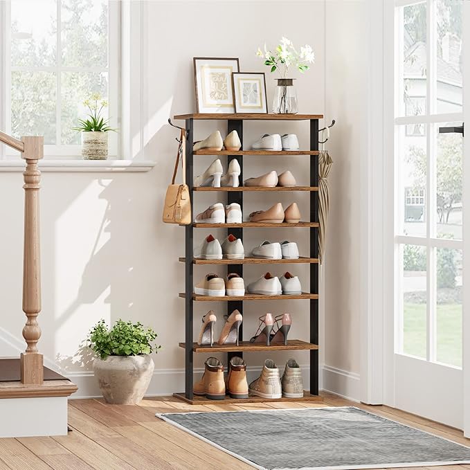 HOOBRO 8 Tiers Vertical Shoe Rack, Wooden Shoe Storage Organizer with Hooks, Narrow Shoe Tower for 16 Pairs, Space Saving, fo