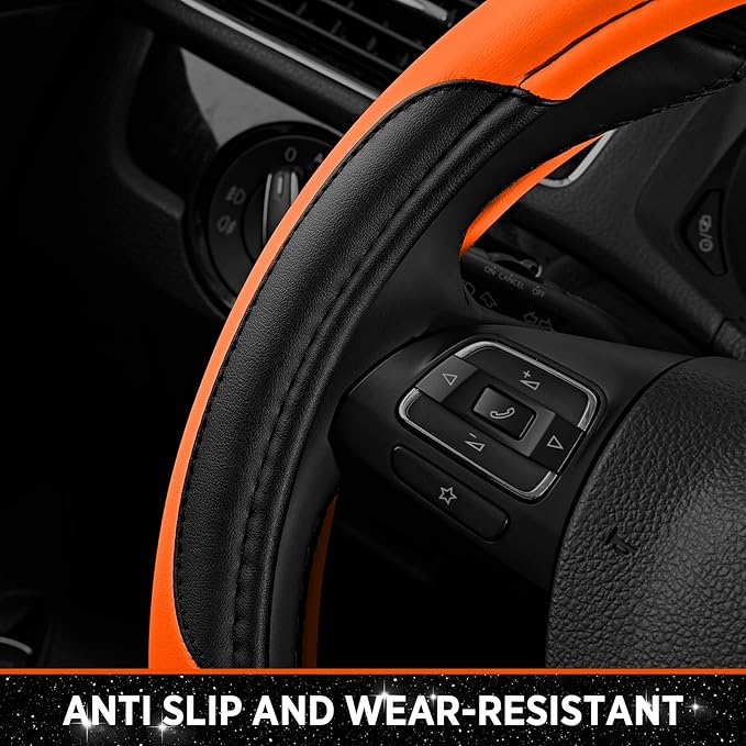 Road Comforts Leather Steering Wheel Cover - Made with PVC Leather - Anti-Slip, Universal Fit 14 1/2 inches to 15 inches - Or