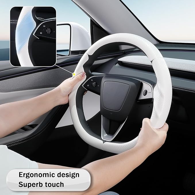 Steering Wheel Cover for Tesla Model 3 2024-Present Highland/Tesla Model Y Juniper 2025-Present, Carbon Fiber Steering Wheel Cover for Tesla Model 3 Highland/Y Juniper Accessories, Matte White