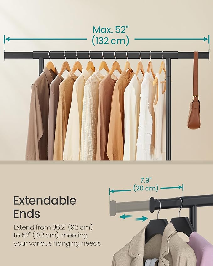 SONGMICS Clothes Rack with Wheels, Heavy-Duty Clothing Rack for Hanging Clothes, Portable, 17.7 x (36.2-52) x 63.6 Inches, wi