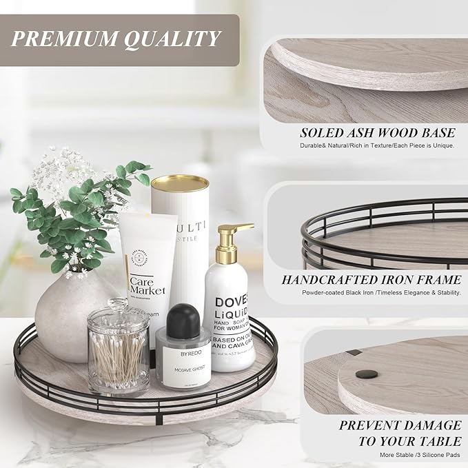 12" Farmhouse Lazy Susan for Kitchen & Coffee Table Decor – Rustic Whitewashed Wood Tray with Black Metal Frame, Decorative C