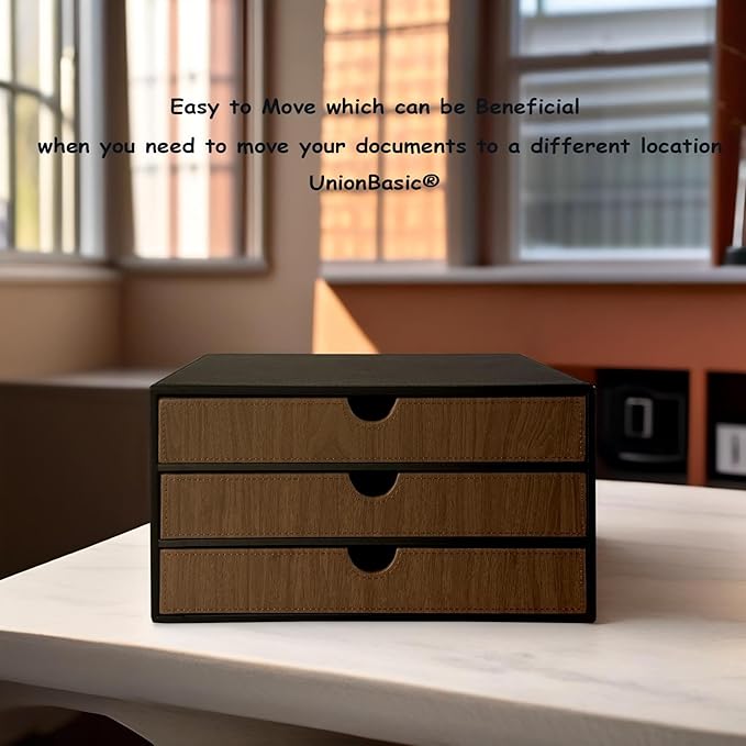 UnionBasic Document Organizer, 3-Drawer File Cabinet Document Storage Box, Office Desktop Filing Organizer, Black with Wood G