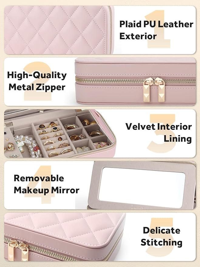 Travel Jewelry Case with Mirror, Quilted Small Jewelry Box Organizer for Women Girls, Portable Earring Necklace Bracelet Ring