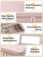 Travel Jewelry Case with Mirror, Quilted Small Jewelry Box Organizer for Women Girls, Portable Earring Necklace Bracelet Ring