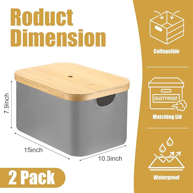 Novabright 2 Pcs Collapsible Storage Basket with Bamboo Lids 15" x 10" Foldable Fabric Storage Bins with Handles for Organizi
