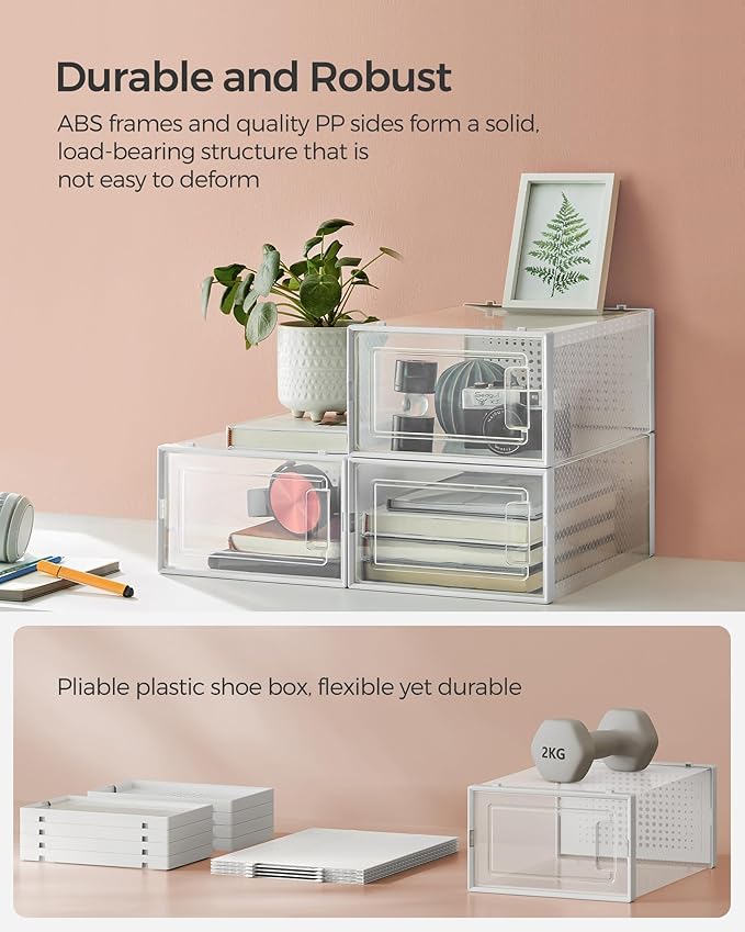 SONGMICS Shoe Boxes, Pack of 12 Shoe Storage Organizers, Stackable Clear Plastic Boxes for Closet, Sneakers, 13.1 x 9.1 x 5.6