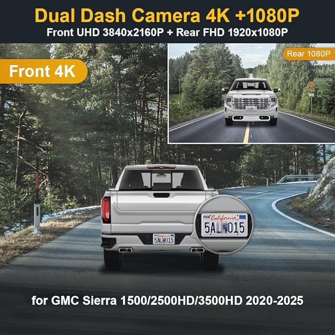 Fitcamx Dual 4K+Rear 1080P Dash Cam Adapts for GMC Sierra 2020-2026 (HD2-4925, Check Vents Amount), OEM Look, 2 Way HD Video,