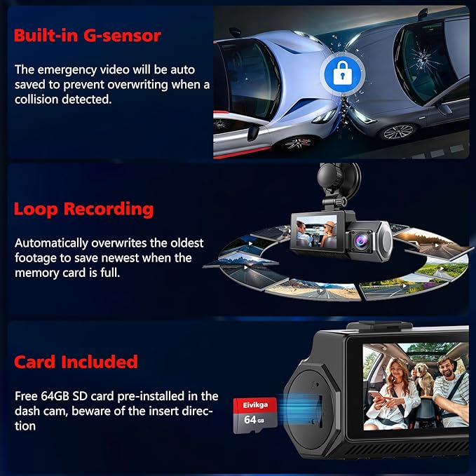 4K+2.5K+2.5K Dash Cam, STARVIS 2 Sensor, Dash Camera 3-Channel, Free 64GB Card, Dashcam with 5G WiFi GPS, G-Sensor,Loop Recor