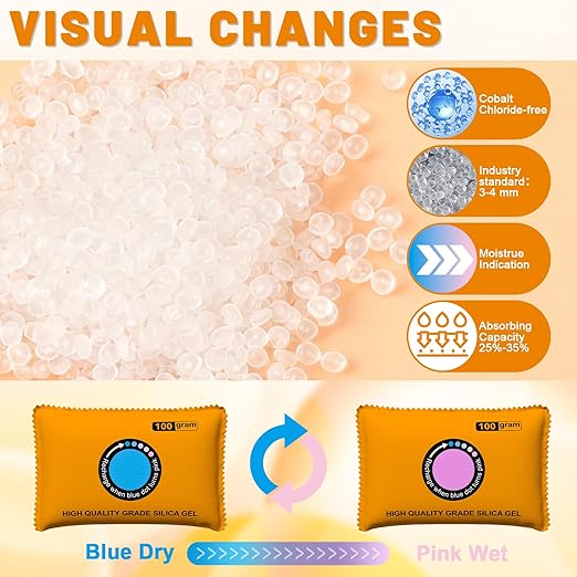 unuaST 100g Rechargeable Desiccant Pack for Storage, Reusable Color-Indicating Silica Gel Desiccant Packet, Dehumidifier Bag
