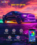 Partsam Car Underglow Neon Accent Strip Lights with APP Control Music Modes, Scene Options, Mic, DIY Wireless Control Underglow Led Lights Strips Adapter for Vehicle SUV Truck - 4 in 1
