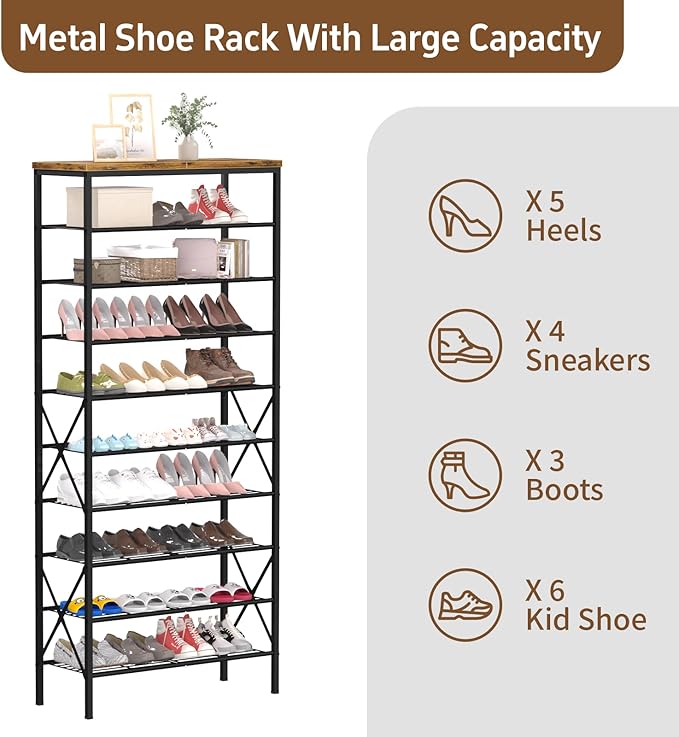 10-Tier Tall Shoe Rack, Large Capacity Shoe Shelf Holds40-45 Pairs, Shoe Shelf for Entryway, Hallway, Living Room, Rustic Bro