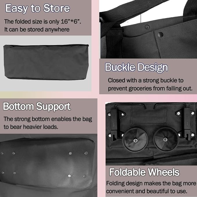 Collapsible Shopping Grocery Bag With Wheels Rolling Tote Bag With Wheels Large Reusable Shopping Bags(Black,Large)