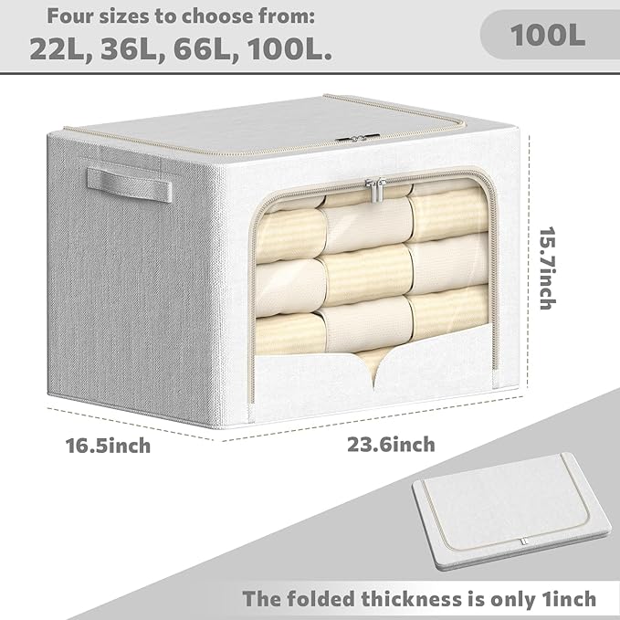 FHSQX 3 Pack Clothes Storage Bins Foldable Metal Frame Storage Box Stackable Linen Fabric Container Organizer Set with Carryi