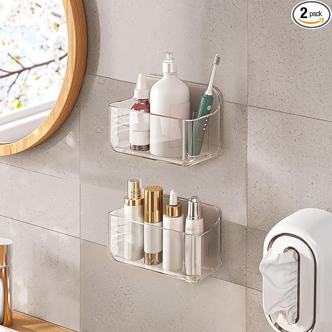 Diesisa 2pc Acrylic Wall Mount Organizer, Small Adhesive Clear Cabinet Door Organizer,Acrylic Shelves for Wall,No Drilling Ha