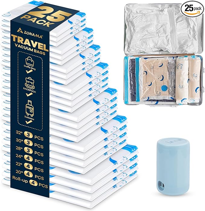 Travel Compression Bags, 25 Pack Vacuum Storage Bags with 1500mAh Rechargeable Battery, Vacuum Seal Bag for Space Saving Clot