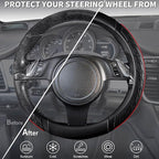 CAR PASS Leather Rubber Steering Wheel Cover Set,Tire Tread Pattern Design,Non-Slip Wear-Resistant,Equipped with Mobile Phone Holder and Non-Slip Cup Mat,Suitable for Steering Wheel 14.5-15”Black Red