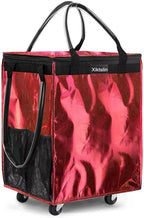(Medium, Red) Reusable Grocery Bag on 4 Wheels, Foldable Rolling Tote Carries Up to 66lb Shopping Trolley, Rolling Bag with 3 Handles, Zipper Clouser Rolling Tote Bag with Wheels for Laundry