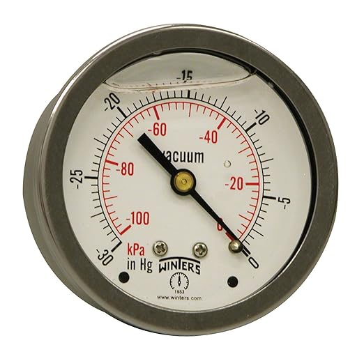 Winters 2-1/2" Dial Size, Liquid Filled Industrial Pressure Gauge, Brass Internals, 304 Stainless Steel Case, Dual Scale 30 inch Hg-0 Vac/kPa, 1.5% Acc, 1/4" NPT Back Mount, Vacuum Pressure Gauge