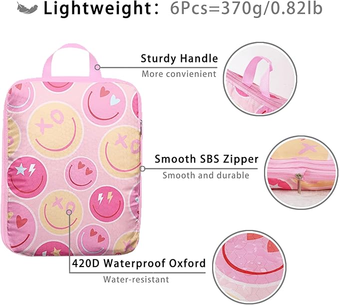 6 Pcs Compression Packing Cubes, Packing Cubes for Travel, Waterproof Luggage Organizer Bags Set, Cute Packaging Cubes for Wo